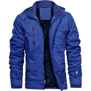 Mens Royal Blue Thick Winter Jacket Hooded Fleece Lined Cotton Military Coat